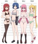  4girls absurdres ahoge arm_behind_back armpit_crease black_bra black_panties black_shoes black_thighhighs blonde_hair blue_eyes blue_hair bocchi_the_rock! bow bow_bra bow_panties bra breasts brown_shoes channel_(caststation) choker cleavage clothes_writing collarbone cube_hair_ornament duplicate flat_chest full_body garter_belt gloom_(expression) gotoh_hitori green_bra green_eyes green_panties grey_panties grey_sports_bra hair_between_eyes hair_ornament hand_on_own_hip height height_chart high_heels highres ijichi_nijika kessoku_band kita_ikuyo knees_together_feet_apart lace lace_bra lace_choker large_breasts lineup lingerie loafers long_hair medium_breasts medium_hair mole mole_under_eye multiple_girls navel one_eye_closed panties petite pigeon-toed pink_hair pixel-perfect_duplicate red_bow red_eyes red_hair red_shoes shaded_face shoes short_hair side-tie_panties side_ponytail small_breasts sneakers socks sparkling_eyes sports_bra sports_panties standing stomach string_panties striped_bra striped_clothes striped_panties sweatdrop thigh_gap thighhighs thighs underwear underwear_writing very_long_hair weight white_bow yamada_ryo yellow_eyes 