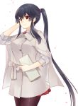  black_hair black_legwear buttons commentary_request hair_between_eyes ichinomiya_(blantte) jacket kantai_collection long_hair long_sleeves pantyhose pleated_skirt ponytail red_eyes red_skirt skirt smile solo very_long_hair white_background white_jacket yahagi_(kantai_collection) 