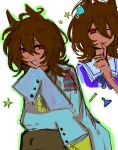  1girl agnes_tachyon_(umamusume) ahoge bow bowtie brown_hair coat erlenmeyer_flask flask hair_between_eyes hand_on_own_chin hand_up index_finger_raised lab_coat long_hair multiple_views open_clothes open_coat open_mouth purple_bow purple_bowtie purple_shirt red_eyes sailor_collar shirt simple_background smile star_(symbol) svioress sweater umamusume white_background white_coat white_sailor_collar wolf_cut yellow_sweater 