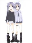  2girls alternate_costume belt belt_collar black_leg_warmers black_shoes black_sweater bow closed_mouth collar collarbone full_body grey_belt grey_eyes grey_hair grey_necktie grey_skirt hair_bow hairband highres hiiragi_kagami hiiragi_tsukasa holding_hands leg_warmers loafers long_hair long_sleeves looking_at_viewer lucky_star miniskirt multiple_girls necktie school_uniform shiki_59 shirt shoes short_hair siblings simple_background single_bare_shoulder sisters skirt smile standing sweater thigh_strap twins twintails very_long_hair white_background white_bow white_hairband white_shirt 