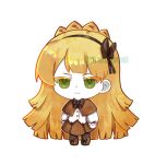  1girl :&lt; black_pantyhose blonde_hair bow bowtie braid brown_bow brown_bowtie brown_capelet brown_hairband brown_shoes brown_skirt capelet chibi closed_mouth crown_braid full_body funnibunni green_eyes hairband highres lobotomy_corporation long_hair long_sleeves looking_at_viewer pantyhose project_moon shirt shoes simple_background skirt solo standing tiphereth_a_(project_moon) very_long_hair white_background white_shirt 
