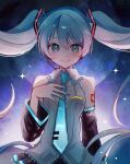  1girl bare_shoulders black_background black_skirt black_sleeves blue_background blue_eyes blue_hair blue_nails blue_necktie blush collared_shirt commentary detached_sleeves floating_hair gradient_background grey_shirt hair_between_eyes hair_ornament hairclip hand_on_own_chest hatsune_miku headphones highres long_hair looking_at_viewer microphone miniskirt necktie nekokan_(awao_o) night night_sky number_tattoo pleated_skirt shirt shoulder_tattoo sidelocks skirt sky sleeveless sleeveless_shirt smile solo sparkle star_(sky) striped_clothes striped_shirt striped_skirt striped_sleeves symbol-only_commentary tattoo twintails very_long_hair vocaloid white_background 