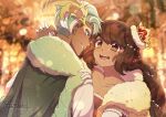  1boy 1girl :d ballroom blurry blurry_background breasts brown_hair cleavage cocoa_cookie cocoa_cookie_(enchanted_waltz) collarbone colored_eyelashes commentary cookie_run cookie_run:_kingdom couple crown dark-skinned_female dark-skinned_male dark_skin dress elbow_gloves english_commentary eye_contact face-to-face film_grain from_behind fur-trimmed_headwear fur_trim gem gloves green_eyes green_hair grin hand_on_another&#039;s_shoulder hands_up happy hat_tip hetero highres holding_hands humanization indoors interlocked_fingers light_particles looking_at_another mini_crown mint_choco_cookie mint_choco_cookie_(charming_virtuoso) miomawla multicolored_hair official_alternate_costume official_alternate_hairstyle orange_eyes pearl_(gemstone) portrait profile red_dress shirt smile streaked_hair striped_clothes striped_dress swept_bangs tongue two-tone_hair vertical-striped_clothes vertical-striped_dress white_gloves white_hair white_shirt 