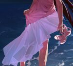  1girl alien_stage alternate_costume asymmetrical_dress brown_hair cropped dark-skinned_female dark_skin dress english_commentary frilled_dress frills head_out_of_frame highres holding holding_shoes holding_unworn_clothes hyuna_(alien_stage) long_hair pink_dress shoes skirt_hold solo stasyn_heh unworn_shoes wading water 