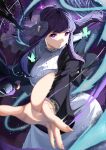  1girl absurdres black_coat blurry blurry_background blurry_foreground breasts bright_pupils bug butterfly closed_mouth coat cobato. collar collared_dress commentary_request cowboy_shot depth_of_field dress energy_barrier expressionless fern_(sousou_no_frieren) fingernails floating_clothes floating_hair frilled_collar frills highres holding holding_staff large_breasts long_dress long_hair looking_at_viewer mage_staff magic open_clothes open_coat outstretched_arm purple_eyes purple_hair solo sousou_no_frieren staff white_dress white_pupils 