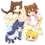  :3 ahoge animal animal_collar animal_focus animalization black_hair blonde_hair blue_bow blue_eyes bow brown_cat brown_collar brown_eyes brown_fur brown_hair cat closed_mouth collar dot_mouth dot_nose green_ribbon grey_cat grey_fur hair_flaps hair_ornament hair_scrunchie half_updo hutaba ibuki_tsubasa idolmaster idolmaster_million_live! kasuga_mirai kitazawa_shiho long_hair looking_at_viewer mogami_shizuka neck_ribbon no_humans one_side_up open_mouth pink_eyes pink_scrunchie red_collar ribbon scrunchie short_hair smile tail tail_bow tail_ornament x_hair_ornament yellow_cat yellow_fur 