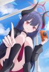  1girl :d absurdres black_boots black_choker black_hair black_horns black_panties black_shirt black_socks blue_archive blue_sky blush boots camera chiaki_(blue_archive) choker cloud collarbone collared_shirt commentary curved_horns day demon_girl demon_horns dere_mono_j dutch_angle eyelashes feet_out_of_frame from_below grin hair_between_eyes halo hand_up happy highres holding holding_camera horns index_finger_raised indoors kneehighs long_hair long_sleeves looking_at_viewer necktie panties pointy_ears puffy_long_sleeves puffy_sleeves red_eyes red_halo red_necktie school_uniform shirt sky smile socks solo squatting straight_hair thighs tsurime underwear very_long_hair window 