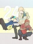  3boys black_boots black_shirt black_shoes blonde_hair blue_eyes blue_hair blue_hoodie boots brown_jacket chips_(food) collared_shirt couch crossed_legs dark-skinned_male dark_skin episode_number facepaint facial_mark food handheld_game_console highres holding holding_handheld_game_console hood hoodie jacket khun_hachuling lap_pillow lero_ro long_sleeves looking_at_another lying male_focus multiple_boys nintendo_switch on_couch open_mouth playing_games potato_chips quant_blitz red_hair red_shirt shirt shoes short_hair simple_background sitting spiked_hair sweat tanino_miho teeth tower_of_god twitter_username two-tone_background 