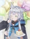  1girl amiya_(arknights) animal_ears arknights balloon blue_coat cake cat_ears cat_girl coat food fork green_eyes grey_hair holding holding_fork holding_plate long_hair one_eye_closed out_of_frame pimi plate rosmontis_(arknights) solo_focus star_balloon tongue tongue_out upper_body 