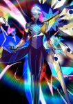  1boy bare_shoulders closed_mouth colored_skin detached_sleeves earrings fate/grand_order fate_(series) feet_out_of_frame game_cg grey_skin hair_slicked_back hands_up high_collar indra_(fate) jewelry legs_together looking_at_viewer male_focus official_art pako_(pakosun) short_hair single_earring solo straight-on third-party_source white_hair 
