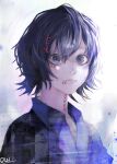  1boy absurdres androgynous black_eyes black_hair blue_shirt collared_shirt hair_between_eyes hair_ornament hairclip highres lips looking_at_viewer loose_clothes loose_shirt partially_shaded_face roman_numeral shadow shirt short_hair sidelighting signature solo stitched_face stitched_neck stitches suzuya_juuzou tokyo_ghoul tokyo_ghoul:re x_hair_ornament xa8uofivf2mcart 