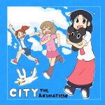  3girls =_= animal ayumu_niikura black_hair black_shoes blonde_hair blue_background blue_eyes blue_hoodie blue_shorts boots border brown_boots brown_hair buttons cacctus32 cat city_(arawi_keiichi) cloud copyright_name crying highres holding holding_stuffed_toy hood hood_down hoodie izumi_wako jumping looking_at_viewer mimineko mob_face multiple_girls nagumo_midori necktie open_clothes open_hoodie open_mouth pink_shirt pink_shorts ponytail red_necktie red_shoes red_skirt running shirt shoes short_hair short_sleeves shorts skirt stuffed_toy tears white_border white_shirt |_| 