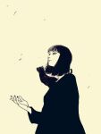  1girl animal_on_shoulder black_hair black_robe cat greyscale hair_bobbles hair_ornament highres long_hair long_sleeves monochrome original robe solo tp_p_pt white_background 