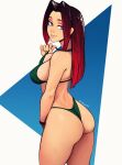  1girl absurdres ass bikini blue_background blue_eyes breasts character_request commentary cowboy_shot english_commentary freckles from_side green_bikini grin hair_intakes highleg highleg_bikini highres large_breasts long_hair looking_at_viewer mole mole_on_arm mole_on_ass mole_on_breast original raichiyo33 red_hair sidelocks smile solo standing strap_pull swimsuit thong_bikini twitter_username two-tone_background white_background 