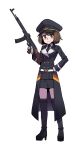  1girl assault_rifle black_boots black_jacket black_necktie black_skirt black_thighhighs boots breasts brown_eyes brown_hair collared_shirt commission cosplay girls&#039;_frontline gloria_(pokemon) gloves gun hand_on_own_hip hand_up hat highres holding holding_weapon jacket karepack looking_at_viewer medium_breasts medium_hair military_hat necktie peaked_cap pokemon pokemon_swsh rifle shirt skirt smile solo stg44 stg44_(girls&#039;_frontline) stg44_(girls&#039;_frontline)_(cosplay) thighhighs trigger_discipline weapon white_gloves white_shirt 