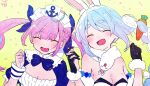 2girls :d ^_^ anchor animal_ear_fluff animal_ears black_gloves black_leotard blue_bow blue_dress blue_hair blue_nails blue_ribbon blush bow breasts brown_background carrot_hair_ornament cleavage closed_eyes commentary detached_sleeves don-chan_(usada_pekora) dress food-themed_hair_ornament fur-trimmed_gloves fur_trim gloves hair_ornament hair_ribbon highres holding_hands hololive kiritoma leotard medium_breasts minato_aqua minato_aqua_(1st_costume) multicolored_hair multiple_girls nail_polish petals pink_hair puffy_short_sleeves puffy_sleeves rabbit_ears ribbon short_sleeves signature small_breasts smile strapless strapless_dress strapless_leotard streaked_hair twintails twitter_username upper_body usada_pekora usada_pekora_(1st_costume) virtual_youtuber white_dress white_hair white_sleeves wrist_cuffs 