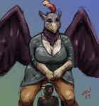 2024 anthro avian beak black_for canid canine clothing colored dated dress duo feathers female fox fur gradient_background green_clothing green_dress gryphon guide_lines hi_res imminent_unbirth imminent_vore jeri_kleinlowe male mammal mythological_avian mythological_creature mythology open_mouth orange_body orange_fur purple_body purple_feathers purple_wings red_text shocked signature simple_background size_difference teeth text white_body white_feathers wings