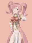  blush breastplate brown_eyes circlet fire_emblem fire_emblem_echoes:_mou_hitori_no_eiyuuou fire_emblem_heroes gloves highres long_hair mae_(fire_emblem) mikoko1 open_mouth pink_background pink_hair simple_background solo twintails 