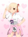  1girl ;q absurdres blonde_hair bow bowtie breasts cleavage clothes_around_waist cosplay cowboy_shot gradient_background grey_skirt hair_ribbon hand_on_own_hip heart highres jacket jacket_around_waist looking_at_viewer lycoris_recoil make_heroine_ga_oo_sugiru! masamunexyz medium_breasts miniskirt nishikigi_chisato one_eye_closed one_side_up pink_background pink_bow pink_bowtie pink_jacket purple_bow purple_bowtie red_eyes ribbon school_uniform shikiya_yumeko shikiya_yumeko_(cosplay) shirt short_hair simple_background skirt solo tongue tongue_out w white_shirt 