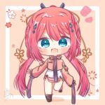  1girl :d a-pose alternate_costume aqua_eyes blunt_bangs blunt_ends blush boots braid brown_boots cherry_blossom_print chibi chibi_only fang floral_print full_body hair_between_eyes hair_ornament hairclip happy hashtag-only_commentary kamiyama_shiki lace-up_boots long_hair looking_at_viewer notice_lines open_mouth pink_background ponytail red_hair sidelocks simple_background skin_fang sleeves_past_wrists smile solo standing standing_on_one_leg summer_pockets tassel tassel_hair_ornament twin_braids utuigawa very_long_hair 