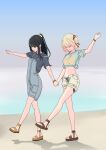  2girls absurdres arms_up beach bikini bikini_under_clothes bikini_under_shorts black_hair blonde_hair blue_overalls bob_cut breasts hair_ornament hair_scrunchie highres holding_hands inoue_takina long_hair looking_down lycoris_recoil medium_breasts midriff multiple_girls navel nishikigi_chisato ocean overalls ponytail sand sandals scrunchie shadow short_shorts shorts sidelocks swimsuit umatarou_(a05867430) unbuttoned yuri 