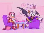 2025 amy_rose analog_clock anthro bat biped breasts cellphone chair chest_tuft cleavage clock clothed clothed_anthro clothed_female clothing container countershade_face countershade_torso countershading cup dialogue digital_drawing_(artwork) digital_media_(artwork) duo electronics english_description english_text eulipotyphlan female furniture handbag hedgehog holding_cellphone holding_object holding_phone humming-fly inside light_switch mammal membrane_(anatomy) membranous_wings phone plate rouge_the_bat sega sitting sonic_the_hedgehog_(series) table text tuft wings yelling