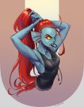  aureolin24 clothed clothing eye_patch eyewear female fish grin hair marine red_hair scar shirt smile solo tank_top undertale undyne video_games yellow_eyes 