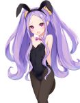 animal_ears arms_behind_back black_legwear black_leotard bow bowtie bunny_ears bunny_tail bunnysuit cowboy_shot detached_collar fang fate/grand_order fate_(series) flat_chest leotard long_hair looking_at_viewer meuneyu open_mouth pantyhose pink_neckwear purple_eyes purple_hair smile solo strapless strapless_leotard tail very_long_hair white_background wu_zetian_(fate/grand_order) 