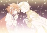  1boy 1girl armor blonde_hair bow brown_coat cape circlet closed_eyes coat commentary_request couple dated_commentary forehead-to-forehead gloves hair_bow heads_together hetero high_priest_(ragnarok_online) lord_knight_(ragnarok_online) multicolored_coat open_mouth pauldrons pink_bow pink_hair purple_background purple_shirt ragnarok_online red_cape sharari shirt short_hair shoulder_armor smile two-tone_coat upper_body white_coat white_gloves 