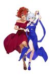  2girls ahoge aqua_eyes asymmetrical_bangs bare_shoulders black_hairband blue_choker blue_sash blue_shoes blue_wrist_cuffs brown_shoes chobo_(choooooobo) choker commentary_request dark-skinned_female dark_skin dress evening_gown formal_clothes grey_eyes grey_hair grin gundam gundam_suisei_no_majo hair_between_eyes hair_bun hairband high_heels high_ponytail highres holding_hands jewelry korean_commentary miorine_rembran multiple_girls necklace official_alternate_costume official_alternate_hairstyle open_mouth ponytail red_dress red_hair sash shoes smile strapless strapless_dress suletta_mercury thick_eyebrows tiara white_background wrist_cuffs 