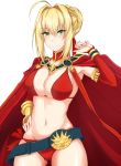  ahoge bad_id bad_twitter_id battle_olympia belt bikini black_belt blonde_hair braid breasts cape commentary_request cowboy_shot detached_sleeves eyebrows_visible_through_hair fate/grand_order fate_(series) french_braid green_eyes hair_intakes hand_up large_breasts looking_at_viewer navel nero_claudius_(fate) nero_claudius_(fate)_(all) piro_(iiiiiiiiii) red_bikini red_cape short_hair side-tie_bikini sidelocks simple_background smile solo standing swimsuit white_background 