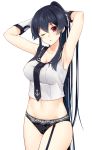  anchor_symbol armpits arms_behind_head arms_up bangs black_hair black_neckwear black_panties black_sailor_collar breasts cleavage collarbone cowboy_shot elbow_gloves eyebrows_visible_through_hair garter_straps gloves ichinomiya_(blantte) kantai_collection large_breasts lingerie long_hair looking_at_viewer navel necktie panties ponytail red_eyes sailor_collar shirt sidelocks simple_background sleeveless sleeveless_shirt solo standing tareme thighs underwear very_long_hair white_background white_gloves white_shirt yahagi_(kantai_collection) 