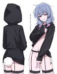  1girl absurdres black_garter_straps black_hoodie blue_eyes blue_hair bottomless bright_pupils channel_(caststation) clothes_lift commentary covering_crotch covering_privates cowboy_shot fake_tail fingernails fishnet_thighhighs fishnets from_behind garter_straps gradient_hair hands_in_pocket hatsune_miku highres hood hood_down hood_up hoodie hoodie_lift lifting_own_clothes looking_at_viewer mask mask_lift mask_pull mouth_mask multicolored_hair multiple_views navel navel_piercing piercing pink_hair pink_nails pink_pupils price_tag rabbit_hole_(vocaloid) rabbit_tail short_hair simple_background smile stomach tail thighhighs translated two-tone_hair v vocaloid white_background white_mask 