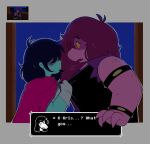 absurd_res ambiguous_gender anthro armband armor blue_body blue_hair blue_skin blush blush_lines bodily_fluids breath clothing clothing_grab deltarune dialogue_box duo female freckles gloves hair hair_over_eye handwear hi_res human intimate kris_(deltarune) long_hair mammal navigator8 purple_body purple_clothing purple_hair purple_skin scalie shocked simple_background spiked_armband spikes sprite susie_(deltarune) sweat sweatdrop text topwear undertale_(series) vest yellow_eyes