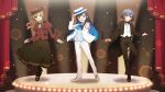  3girls :d ascot binchou_maguro black_bow black_bowtie black_hair black_ribbon blonde_hair blue_ascot blue_eyes blue_hair blunt_ends blush boots bow bowtie brown_background brown_boots brown_bow brown_jacket brown_pants brown_shoes brown_skirt buttons cane cevio closed_mouth collared_shirt colored_inner_hair commentary_request curtains double-breasted futaba_minato hand_on_headwear hat hat_bow holding holding_cane jacket juliet_sleeves long_hair long_sleeves multicolored_hair multiple_girls neck_ribbon open_clothes open_jacket open_mouth outstretched_arm pants puffy_sleeves red_hat red_jacket ribbon satou_sasara shirt shoes short_hair skirt skirt_hold smile stage_curtains suzuki_tsudumi white_hat white_jacket white_pants white_shirt white_shoes yellow_eyes 