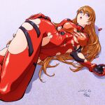  1girl alternate_breast_size blue_eyes blush bodysuit breasts brown_hair cleavage cowboy_shot dated dutch_angle evangelion:_3.0+1.0_thrice_upon_a_time hairpods headgear highres interface_headset kon-kit large_breasts lips long_hair looking_at_viewer lying neon_genesis_evangelion on_back open_mouth pilot_suit plugsuit rebuild_of_evangelion red_bodysuit science_fiction skindentation solo souryuu_asuka_langley sweat thighs torn_bodysuit torn_clothes wardrobe_malfunction 