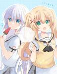  2girls :d blonde_hair blue_background blue_eyes blunt_ends blush closed_mouth commentary_request cowboy_shot eyes_visible_through_hair food frown green_eyes hair_behind_ear hair_between_eyes hair_intakes hair_ornament hairclip hand_up happy highres holding holding_food holding_popsicle light_blush long_hair looking_at_viewer multiple_girls naruse_shiroha open_mouth outline parallel_hairclips polka_dot polka_dot_background popsicle puffy_short_sleeves puffy_sleeves ringed_eyes sailor_collar school_uniform serafuku shirt short_sleeves sidelocks simple_background skirt smile split_mouth straight_hair summer_pockets summer_pockets_school_uniform sweater_vest translation_request tsumugi_wenders twintails ura_(ura-tennislove) very_long_hair watermelon_bar white_hair white_outline white_sailor_collar white_serafuku white_shirt white_skirt x_hair_ornament yellow_sweater_vest 