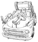  anchovy anzio_military_uniform boots carro_veloce_cv-33 girls_und_panzer ground_vehicle hair_tie kadotani_anzu knee_boots military military_vehicle monochrome motor_vehicle multiple_girls on_vehicle ooarai_military_uniform open_mouth sitting tank tomoyoshi_ohta toyota truck twintails 