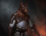 2020 absurd_res anthro armor black_nose brown_body brown_clothing brown_eyes brown_fur brown_gloves brown_handwear brown_scarf canid canine canis closed_frown clothed clothed_anthro clothed_male clothing colored digital_media_(artwork) digital_painting_(artwork) dobermann domestic_dog embers english_description frown fur gauntlets gloves grey_clothing grey_shirt grey_topwear grey_tunic half-length_portrait handwear hi_res historia_(game) holding_melee_weapon holding_object holding_sword holding_weapon left-handed light lighting male male_anthro mammal melee_weapon michele_marchionne mouth_closed multicolored_body multicolored_fur outside painting_(artwork) pauldron pinscher portrait scarf shaded sheathed_weapon shirt smoke solo standing sword sword_hilt topwear tunic two_tone_body two_tone_fur weapon