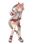  1girl animal_ears apios bandaid bandaid_on_leg blush bow buruma closed_eyes ear_bow ear_covers fingerless_gloves full_body gloves grin gym_uniform hairband hand_on_own_knee haru_urara_(umamusume) headband highres horse_ears horse_girl horse_tail jacket leaning_forward long_hair ponytail red_buruma red_gloves red_headband shirt shoes simple_background smile socks solo standing tail umamusume v white_background white_jacket white_shirt white_socks 