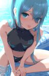  1girl alternate_costume alternate_hairstyle aqua_eyes aqua_hair bare_shoulders bikini black_bikini breasts collarbone hair_between_eyes hand_on_own_ankle hatsune_miku highres long_hair medium_breasts midriff navel number_tattoo open_mouth sitting stomach swimsuit tattoo tongue tongue_out twintails very_long_hair vocaloid yukichi_(yu-ame) 