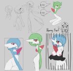 anthro arm_under_breasts blue_pseudo_hair blush breasts duo fan_character featureless_crotch female gardevoir generation_3_pokemon generation_6_pokemon green_pseudo_hair grey_background hi_res human humanoid_pointy_ears layruwu looking_at_viewer mammal medium_breasts mega_evolution mega_gardevoir model_sheet nintendo open_mouth pointy_ears pokemon pokemon_(species) pseudo_hair question_mark red_eyes shiny_pokemon side_view simple_background sketch small_breasts smile tagme