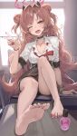  1girl ;d arm_at_side backlighting barefoot black_choker black_panties black_skirt blue_archive blush bow bowtie bracelet breasts brown_eyes brown_hair chair choker classroom collarbone collared_shirt commentary_request cosmetics day demon_horns double_bun fang feet fingernails fluffy_hair foreshortening full_body gyaru hair_bun hair_intakes halo hand_up happy high-waist_skirt highres hopepe horns indoors jewelry kirara_(blue_archive) knee_up kogal large_breasts long_fingernails long_hair long_sleeves looking_at_viewer loose_bowtie nail_polish nail_polish_bottle necklace on_chair one_eye_closed open_mouth panties pencil_skirt pink_halo red_bow red_bowtie red_nails school_chair school_uniform shirt sitting skirt sleeves_rolled_up smile soles solo thigh_strap toenail_polish toenails toes two_side_up underwear very_long_hair w wavy_hair white_shirt window 