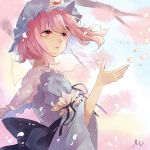  black_ribbon blue_hat blue_kimono branch cherry_blossoms floating_hair hat initial japanese_clothes kimono m_(neteitai10) mob_cap parted_lips petals pink pink_eyes pink_hair ribbon saigyouji_yuyuko see-through signature solo touhou triangular_headpiece veil wide_sleeves wind 