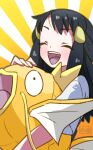 1girl :d akari_(pokemon) alternate_color black_hair blush closed_eyes commentary_request eyelashes hair_ornament hairclip happy highres holding holding_pokemon long_hair magikarp open_mouth pokemon pokemon_(creature) pokemon_legends:_arceus sasami_642 shiny_pokemon shirt short_sleeves sidelocks smile t-shirt teeth tongue upper_teeth_only white_shirt 