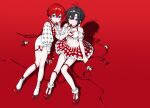  2girls :o absurdres antenna_hair black_hair blue_eyes braid checkered_clothes checkered_skirt detached_sleeves earrings fingerless_gloves food from_above fruit full_body gloves hair_between_eyes highres holding holding_food holding_fruit hoop_earrings idolmaster idolmaster_million_live! jewelry julia_(idolmaster) kikuchi_makoto looking_at_viewer midriff multiple_girls navel o-ring o-ring_thigh_strap puffy_detached_sleeves puffy_sleeves red_background red_gloves red_hair red_ribbon red_shoes ribbon shadow shoes short_hair simple_background single_fingerless_glove sitting skirt socks strawberry thigh_strap vickyycy99 white_socks 