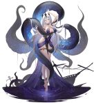  1girl absurdres blue_eyes breasts center_opening cleavage commentary dreiworks dress english_commentary full_body grey_hair hair_between_eyes highres large_breasts long_hair long_hair_between_eyes looking_at_viewer o-ring original purple_dress reflection reflective_water revealing_clothes simple_background solo suction_cups tentacles very_long_hair white_background 