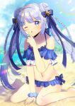  1girl ;o bare_legs barefoot beach between_legs bikini blue_bikini blue_bow blue_eyes blue_scrunchie blue_sky blurry blurry_background bow braid cloud collarbone commentary_request commission copyright_request day depth_of_field double_bun finger_to_mouth frilled_bikini frills grey_hair groin hair_bow hair_bun hand_between_legs hand_up kou_hiyoyo navel on_ground one_eye_closed outdoors parted_lips sand scrunchie shushing sitting skeb_commission sky solo swimsuit twin_braids twintails wariza water wrist_scrunchie 