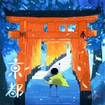  1other artist_name blue_jacket commentary facing_viewer fish flying_fish food fushimi_inari_taisha gloves helmet highres holding holding_food jacket kazunoko_(kazunoko_zunoco) kyoto_prefecture multiple_torii on_stairs original other_focus outdoors oversized_food oversized_object radio_antenna real_world_location signature solo space_helmet stairs standing torii translated tree white_gloves yatsuhashi_(food) 