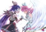 2girls ahoge angel_wings anime_coloring arm_bow bare_shoulders bird_wings black_ox_(0-max) black_ribbon black_skirt black_sleeves blue_bow blue_hair blue_ribbon blush bow bow_skirt bracelet braid brooch center_frills closed_eyes cowboy_shot cure_prism cure_sky cure_sky_(dark) dark_persona detached_sleeves dress dress_bow earrings elbow_gloves face-to-face feathered_wings feathers flaming_eye frilled_skirt frilled_sleeves frills from_side gloves grey_gloves grey_shirt grey_sleeves grey_wings hair_bobbles hair_bow hair_ornament half_up_half_down_braid heart heart_ahoge high-waist_skirt highres hirogaru_sky!_precure holding_hands jewelry lace-trimmed_skirt lace_trim long_hair looking_at_another miniskirt multicolored_hair multiple_braids multiple_girls neck_ribbon nijigaoka_mashiro open_mouth outline oversized_wings pale_skin petticoat pink_hair pink_outline plaid_bow pointy_nose precure puffy_short_sleeves puffy_sleeves red_eyes red_hair ribbon sad sad_smile shirt short_dress short_sleeves shoulder_blush signature simple_background skirt skirt_under_dress sleeveless sleeveless_dress sleeveless_shirt sora_harewataru sphere_earrings standing streaked_hair surprised two-tone_hair two-tone_sleeves very_long_hair white_background white_bow white_dress white_gloves white_skirt white_wings wide-eyed wing_hair_ornament wings yuri 